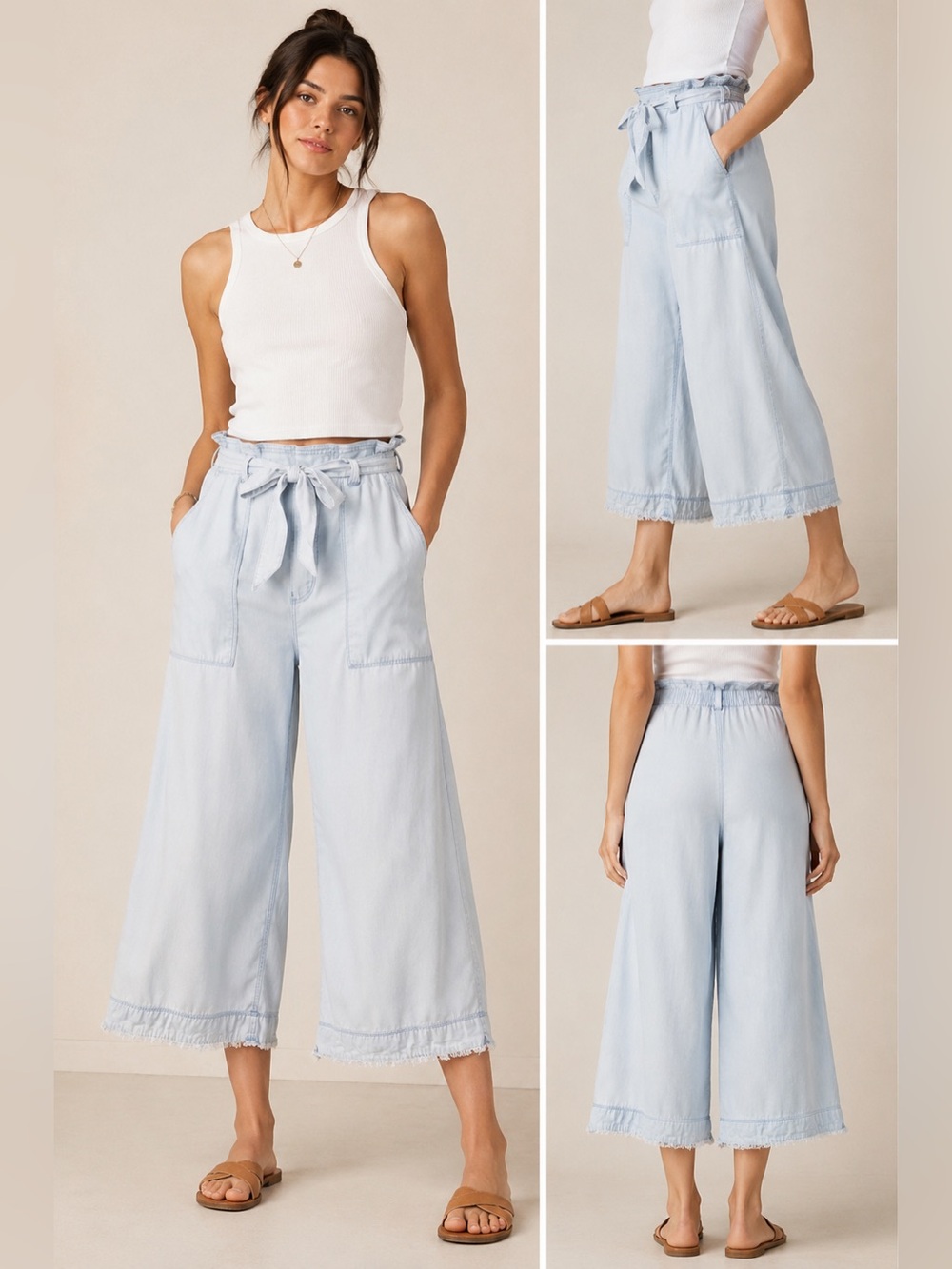Cloth & Stone Anthropologie Tencel Wide Leg Crop Pants Chambray Tie Waist